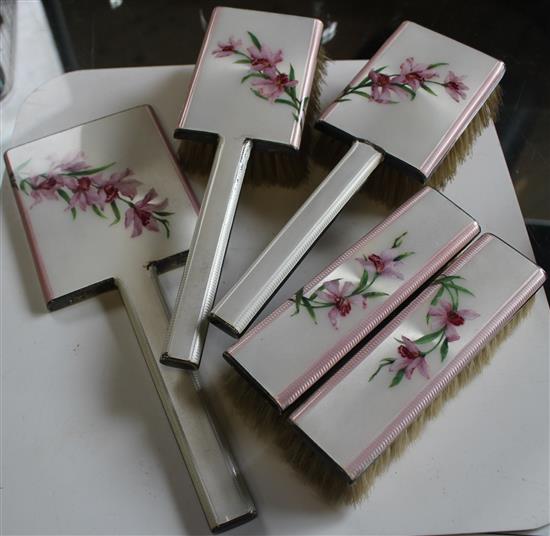 A 1930s Art Deco silver and guilloche enamel dressing table set,